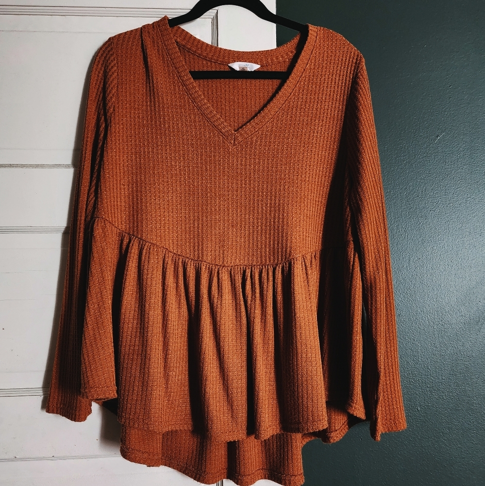 Adorable, burnt orange, Terra & Sky, long sleeve with flowy peplum